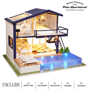 Spilay Dollhouse Miniature with Furniture DIY Wooden Crafts Doll House Mini Handmade Kit 1:24 Scale Creative Room Idea Gift for mature-themed Friend Lover (Time Apartment with dust Cover Music Box)