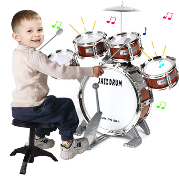 Oonewiser Kids Drum Set For Toddlers Toy- Musical Instruments Toys Drum Kit 9 Pcs With Stool, Bass Drum, 4 Small Drums Percussio