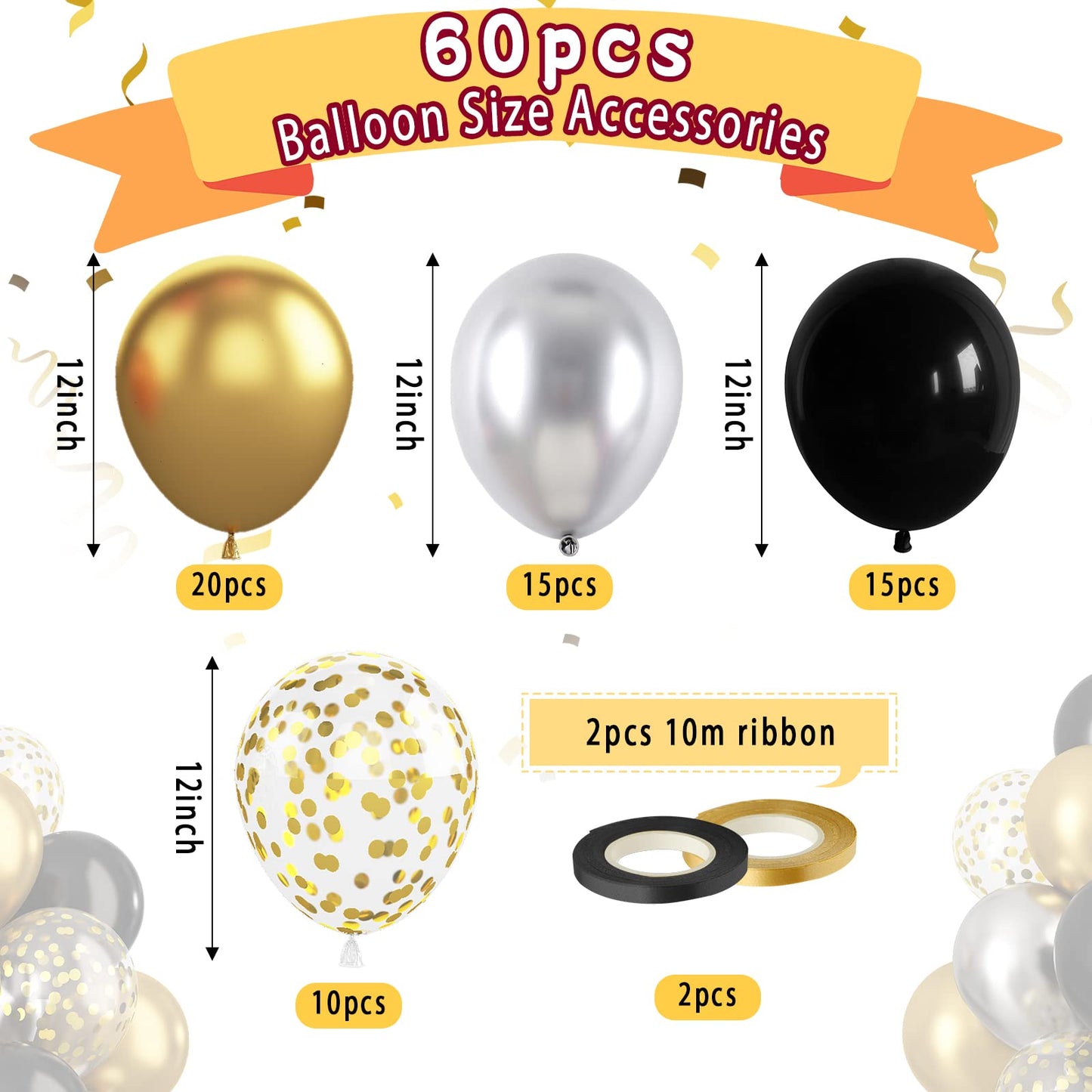 Paready Black And Gold Balloons Latex Balloons, 60 Pcs 12 Inch Silver Gold Confetti Balloons With Ribbons For Birthday Graduatio