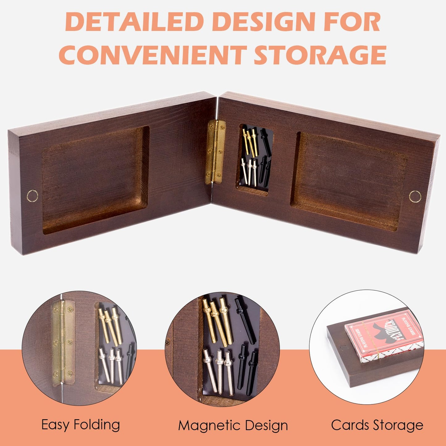 JstFrU Wooden Cribbage Board Game Set - 3 Track, Magnetic Storage, Small, Model RX-3021, Includes 9 Metal Pegs & Playing Cards