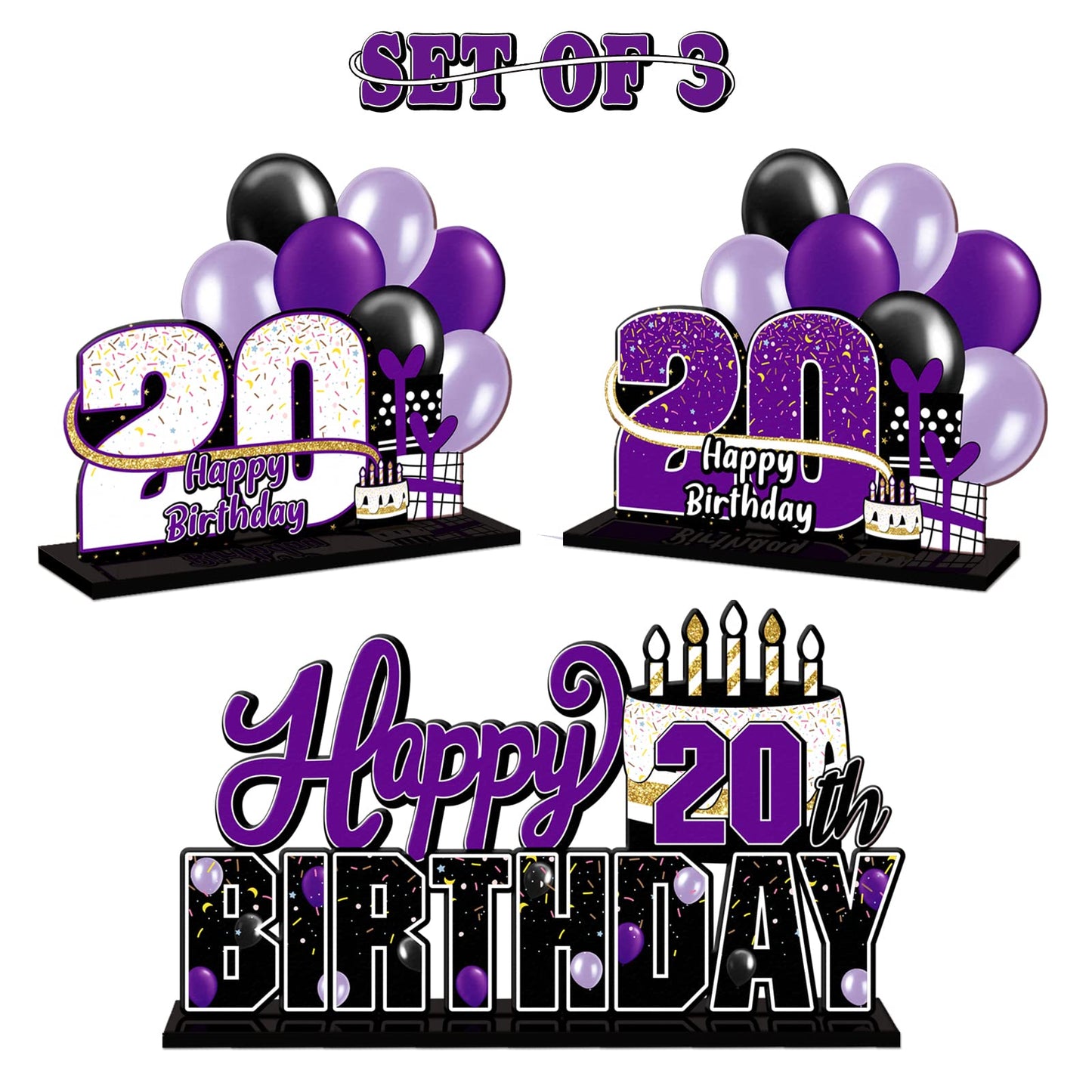 Lingteer Happy 20Th Birthday Purple Acrylic Table Topper Centerpieces Set - Cheers To Twenty Years Old Birthday 20Th Bday Party Gift Decorations.