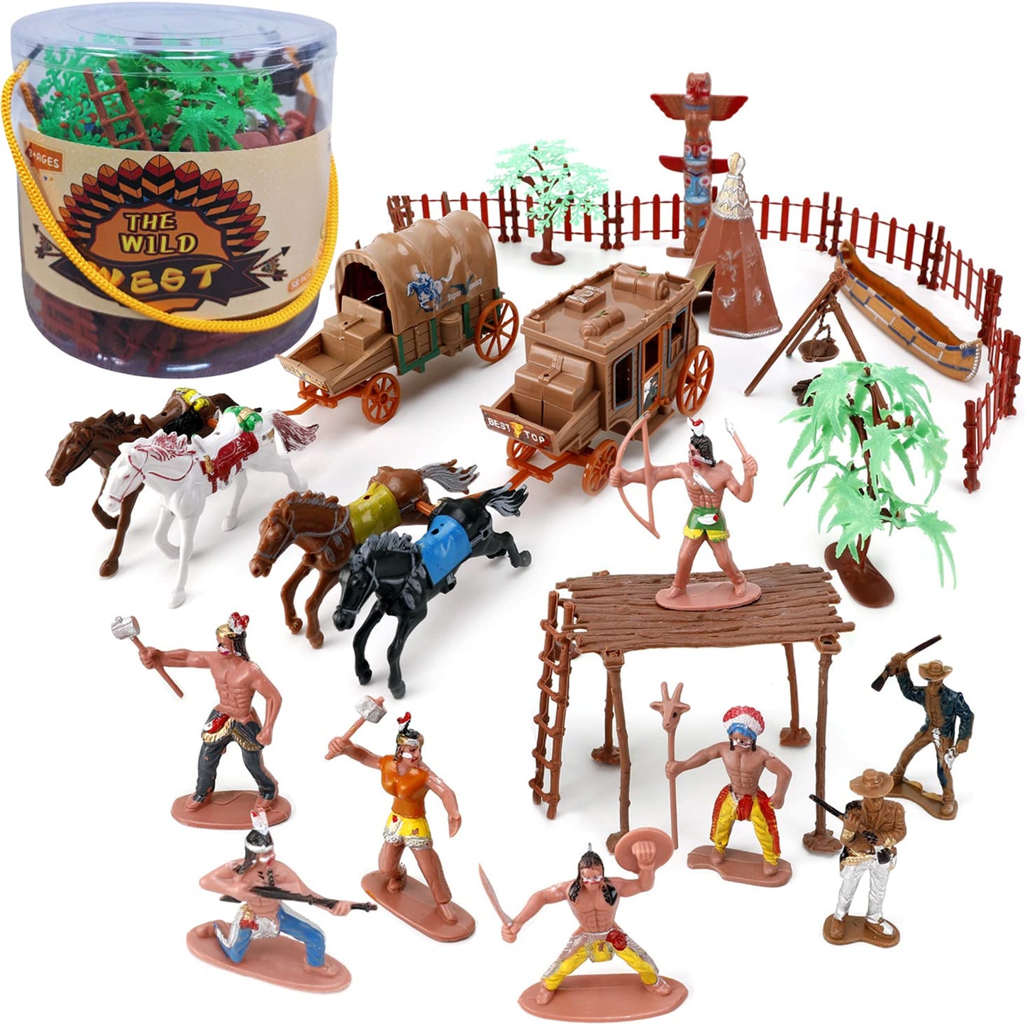 Liberty Imports 58 Pcs Wild West Cowboys And Indians Plastic Figures Play Set, Educational Toys Bucket Of Native American Indians Plastic Action Soldiers Figurines And Accessories