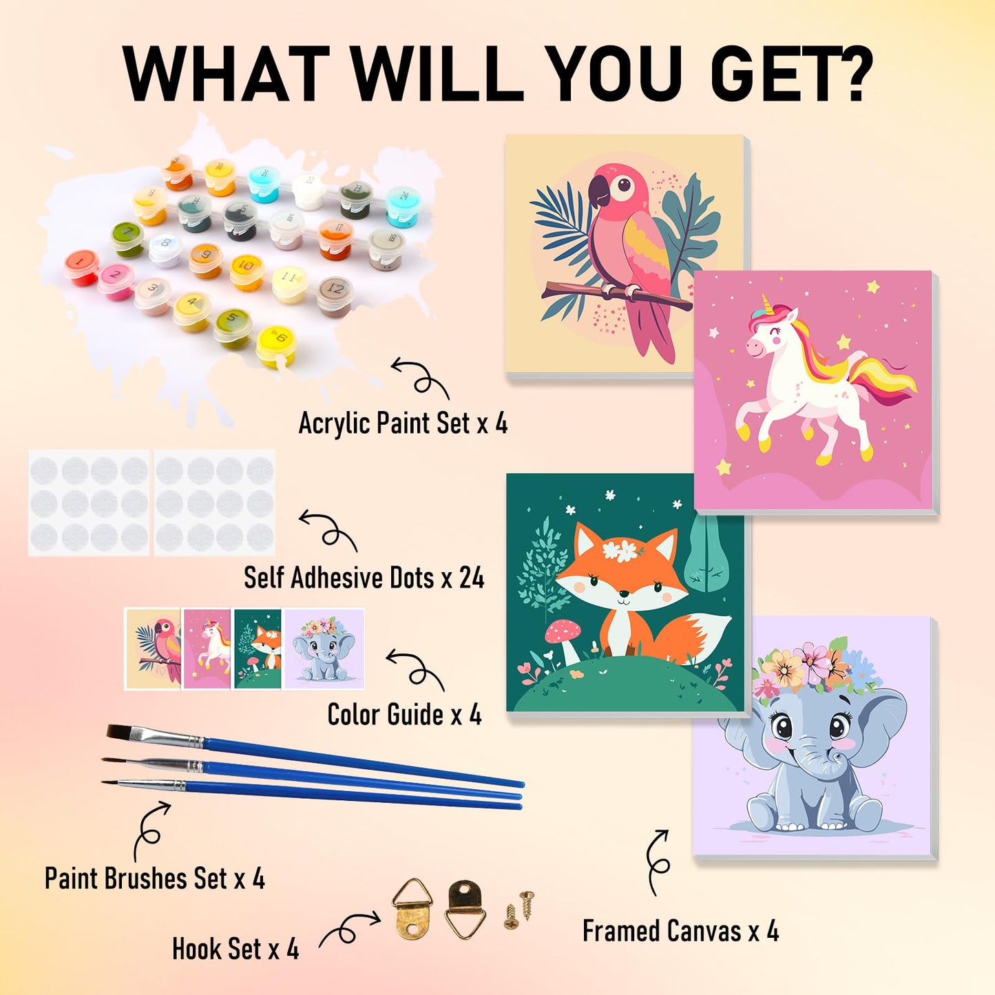 HEIBAGO 4 Pack Framed Paint by Number for Kids, Cute Animals Paint by Numbers for Beginners, Paint by Numbers kit Children Begin