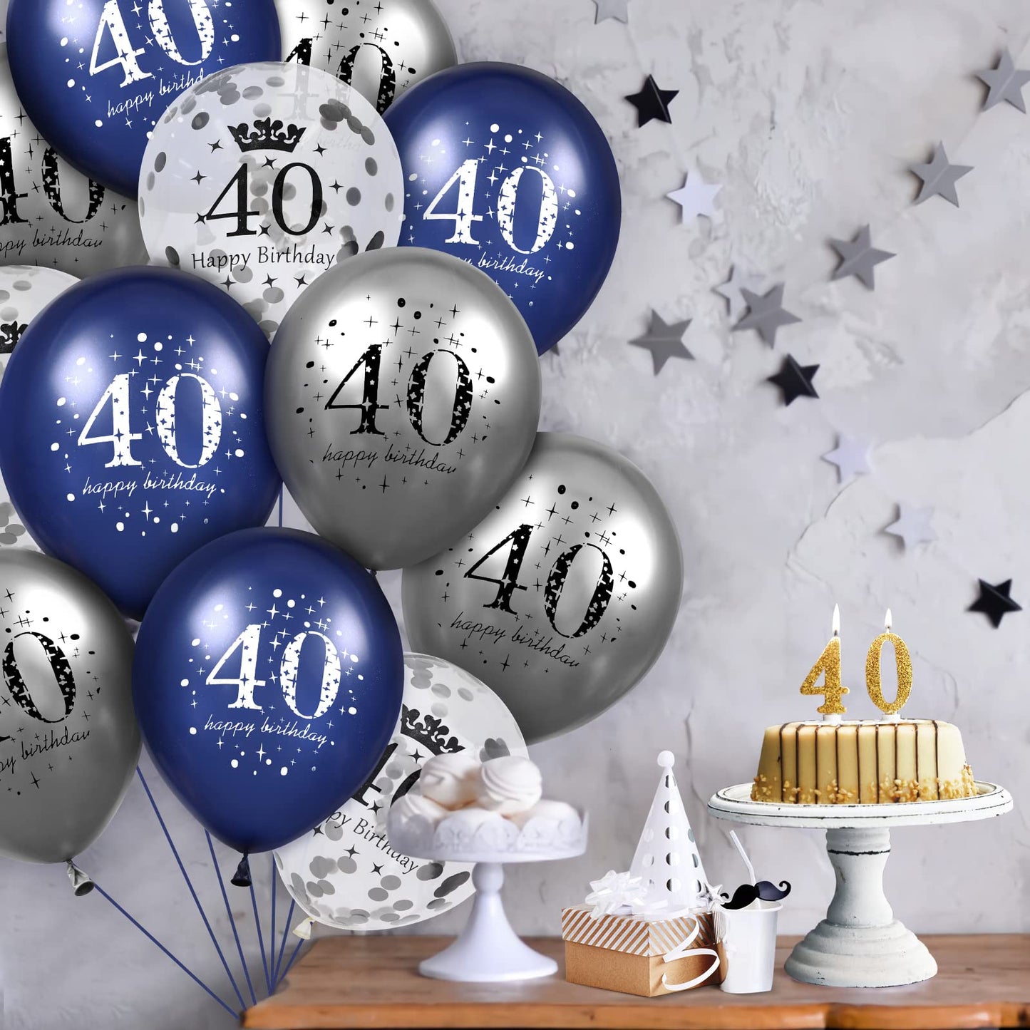 40Th Birthday Balloons Decorations, 15 Pcs Navy Blue Silver 40Th Happy Birthday Latex Inflatable Clear Confetti Balloon For Men Women 40 Anniversary Birthday Party Decor Indoor Outdoor Supplies12Inch