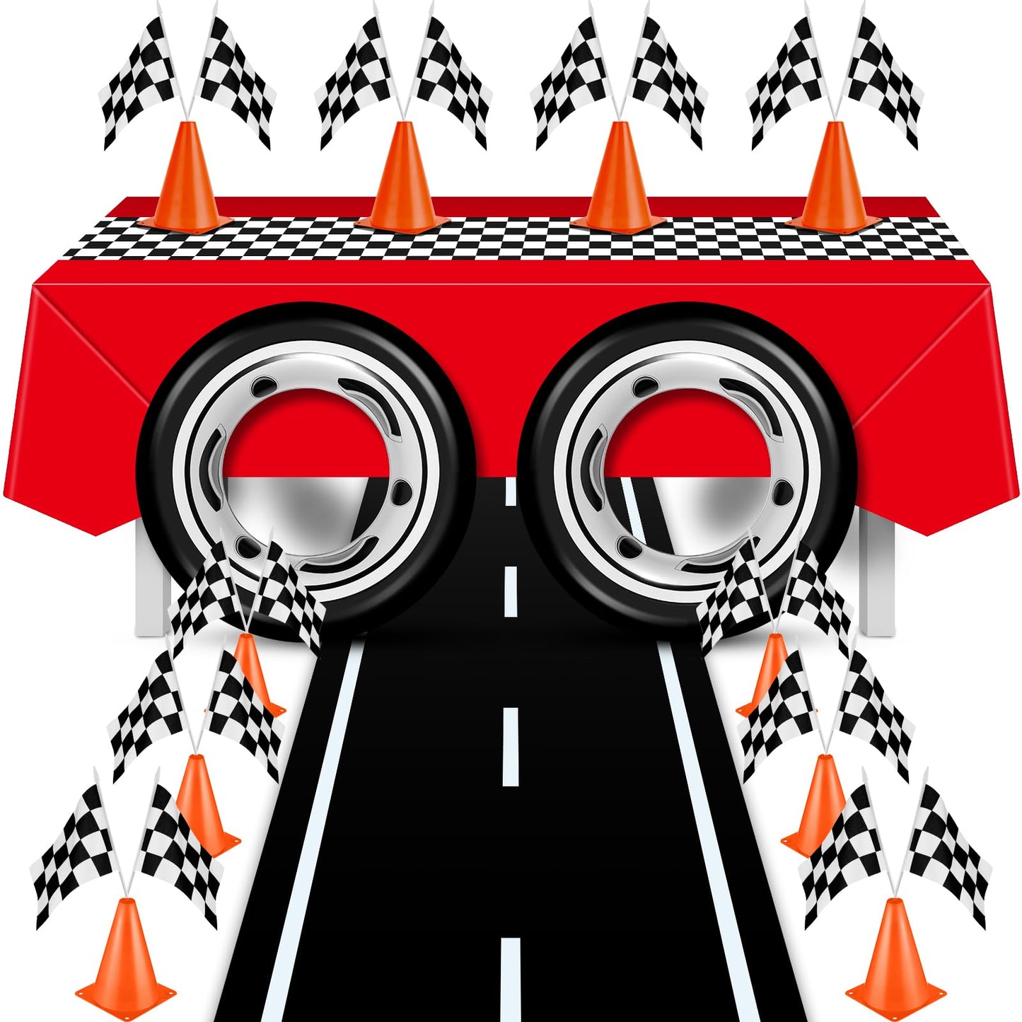 Remagr 24 Pieces Race Car Party Supplies Include Traffic Cones Checkered Flag Race Flags Checkered Tablecloth Race Track Running