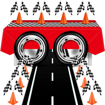 Remagr 24 Pieces Race Car Party Supplies Include Traffic Cones Checkered Flag Race Flags Checkered Tablecloth Race Track Running