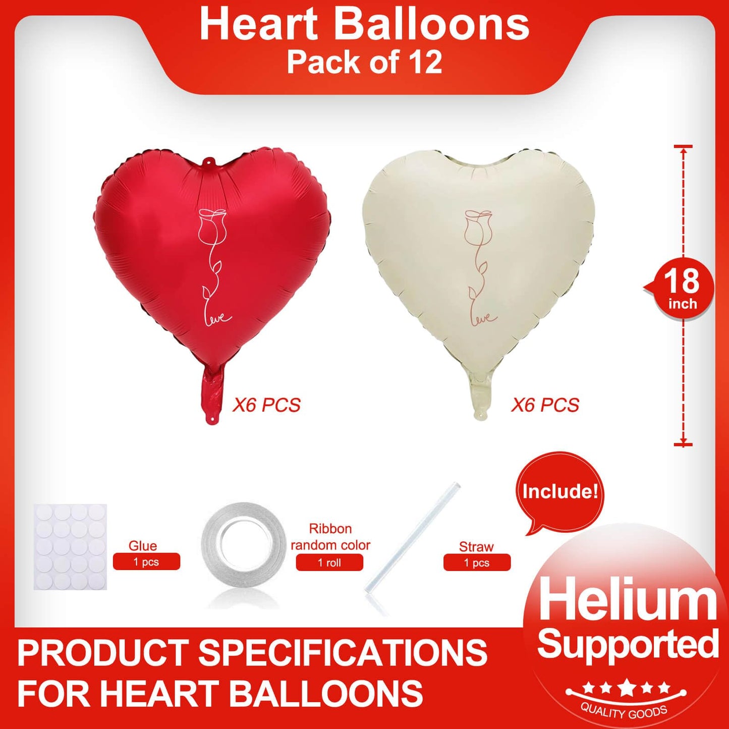 12 Pcs Red Heart Shaped Balloons 18 Inch Rose Valentine Balloons For Valentines Day Bridal Shower Wedding Party Decorations (Red