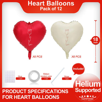 12 Pcs Red Heart Shaped Balloons 18 Inch Rose Valentine Balloons For Valentines Day Bridal Shower Wedding Party Decorations (Red