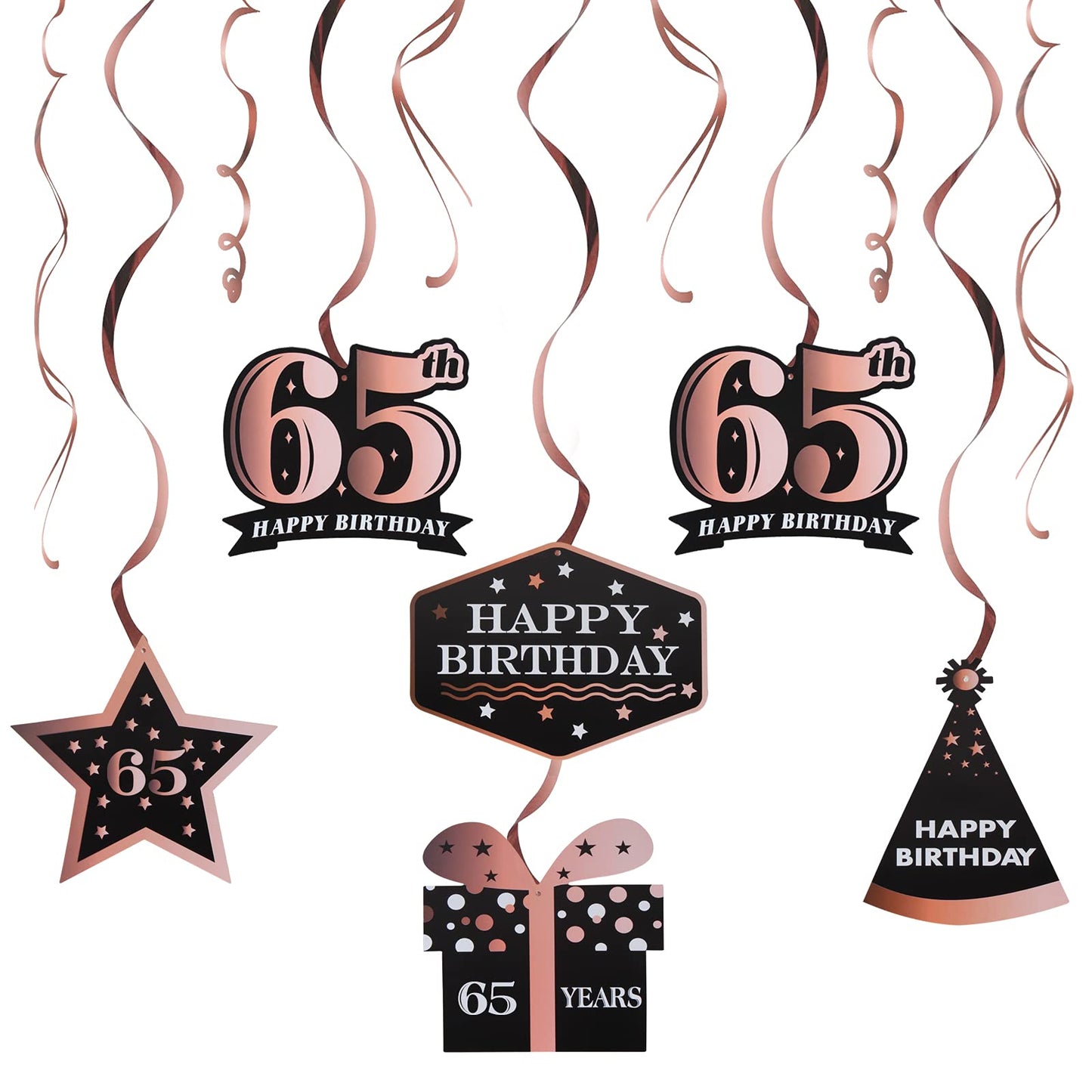 LINGTEER Happy 65th Birthday Rose Gold Swirls Streamers - Cheers to 65th Birthday 65 Years Old Bday Party Hanging Decorations.