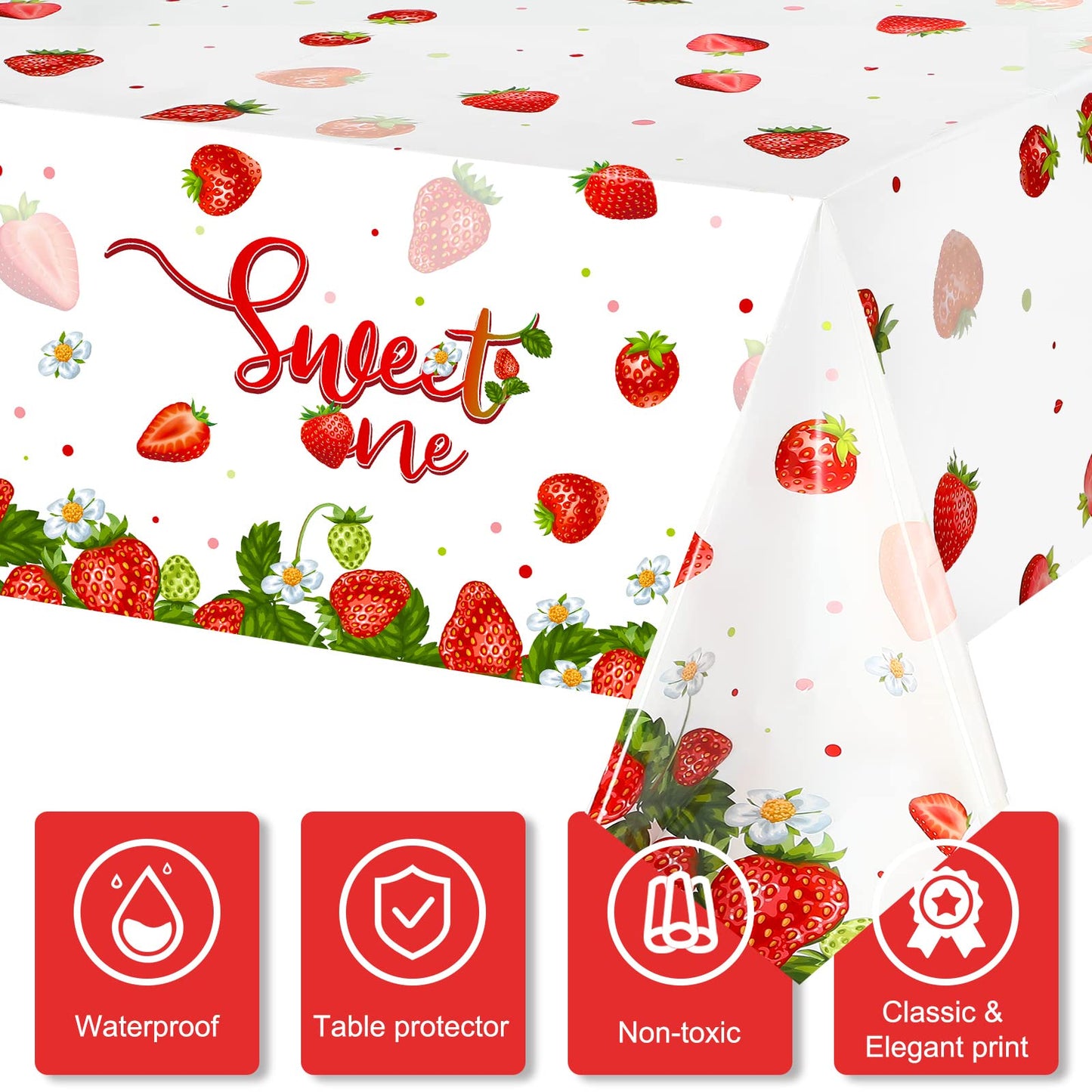 Tiamon 3 Pcs 108 x 54 in Strawberry Party Tablecloth Sweet One Birthday Table Cover Berry First Birthday Decorations Strawberry