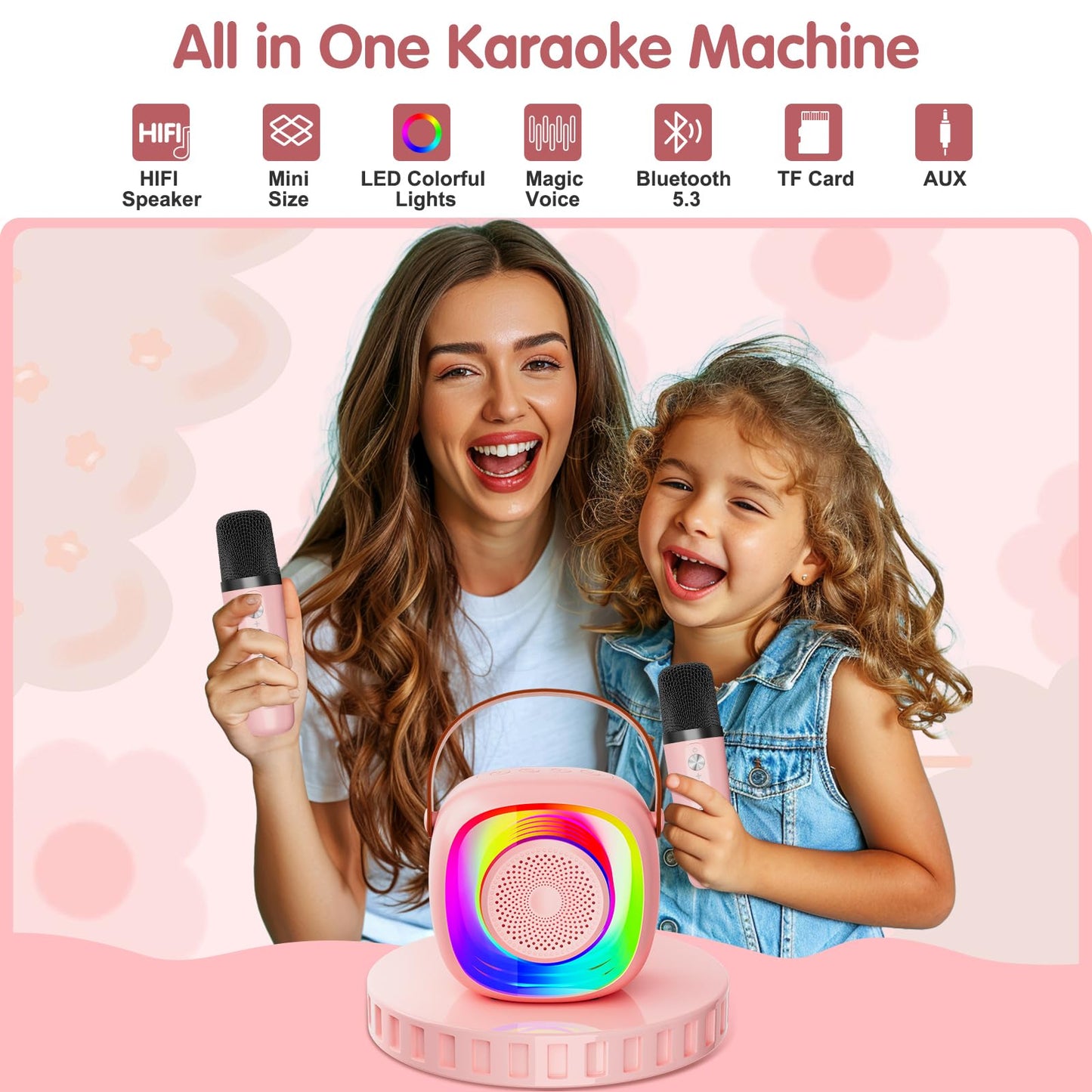 Karaoke Machine For Kids, Mini Portable Bluetooth Karaoke Speaker With 2 Wireless Microphones And Lights, Birthday Gifts For Gir