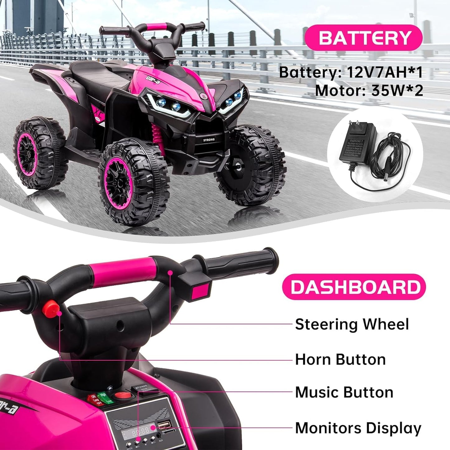 12V Kids Ride On Atv,Battery Powered Electric Four Wheeler With Music, Led Lights, High/Low Speed Modes, Usb Port, Treaded Tires