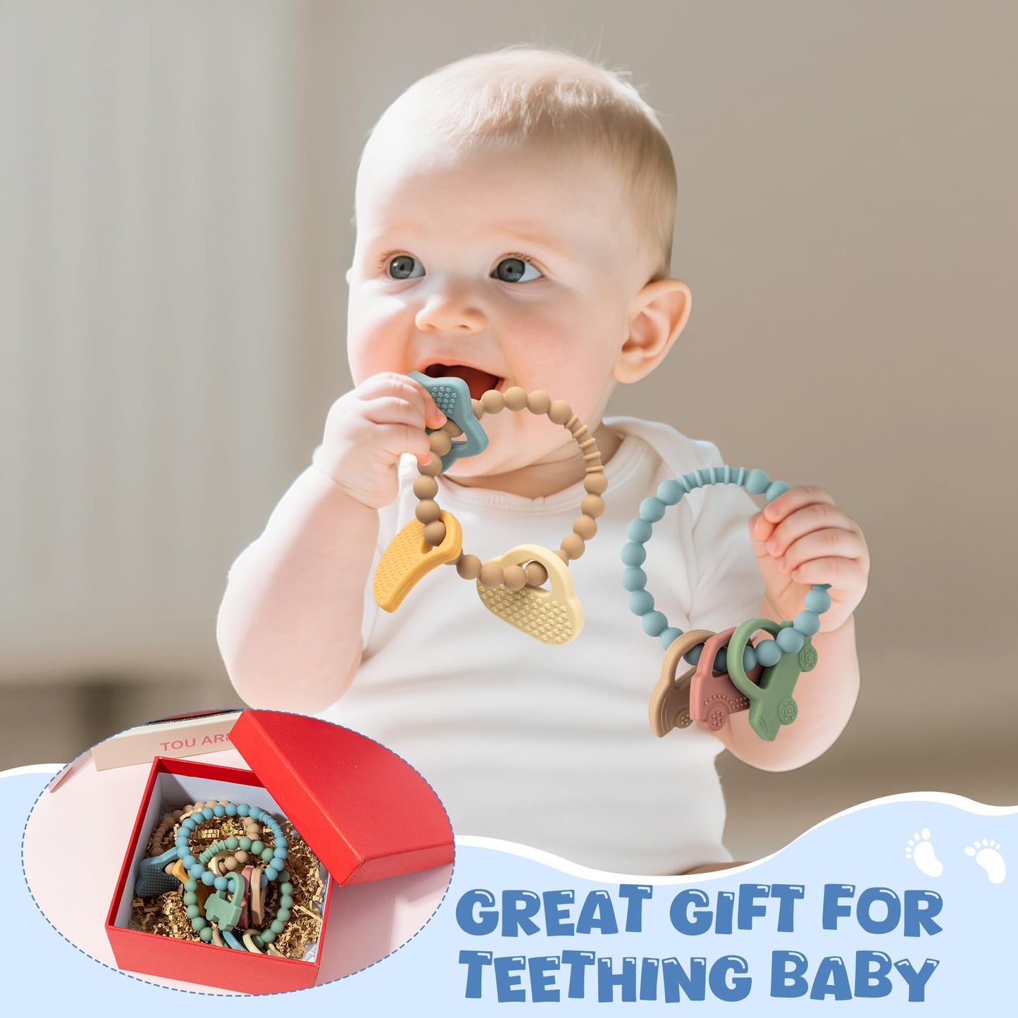 2ooya Silicone Babies Teether Toys - 3Pcs Teething Ring with Rattles, Animal Car Themed Infant Toddle Sensory Chew Toys for Newb