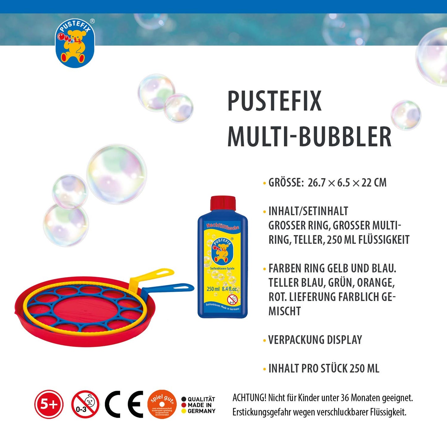 Pustefix Multi Bubbler Giant Bubble Ring And Multi Bubble Ring Toy Set For Kids Includes 8.45 Oz Bubble Solution Bottle And Liquid Tray Makes Big Bubbles, Multicolor, Model: 505310