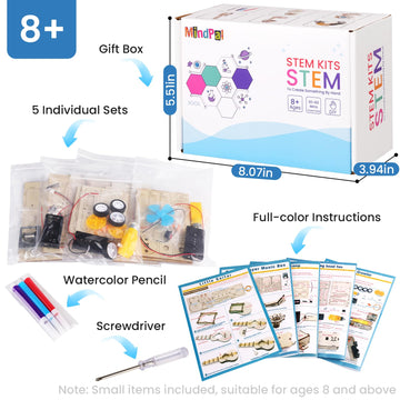 Mindpal 5 In 1 Wood Stem Kits For Kids Age 8-10, Music Engineering Kits, Science Kits For Kids Age 8-12, Wooden 3D Puzzles, Buil