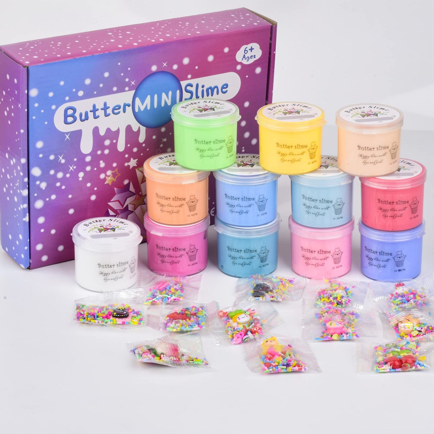12 Pack Butter Slime Kit  with Unicorn  Fruit  Ice Cream Mini Scented Slime Charms Suppulies  Party Favors Stress Relief Toy for Girls Boys  Non-Sticky & Super Stretchy
