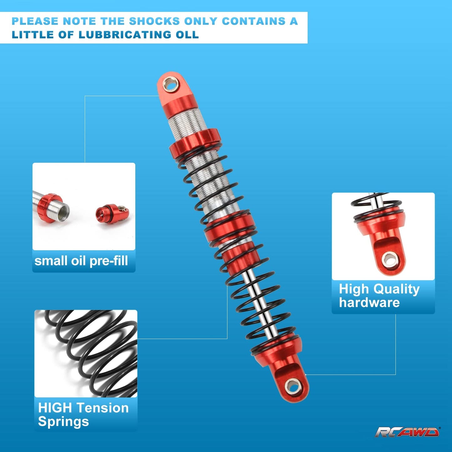 RCAWD 100mm Shock Absorber Damper Universal for a lot of 1/10 RC Cars, Full Aluminum RC Shock Upgrades, 7075 Adjustable Shocks w