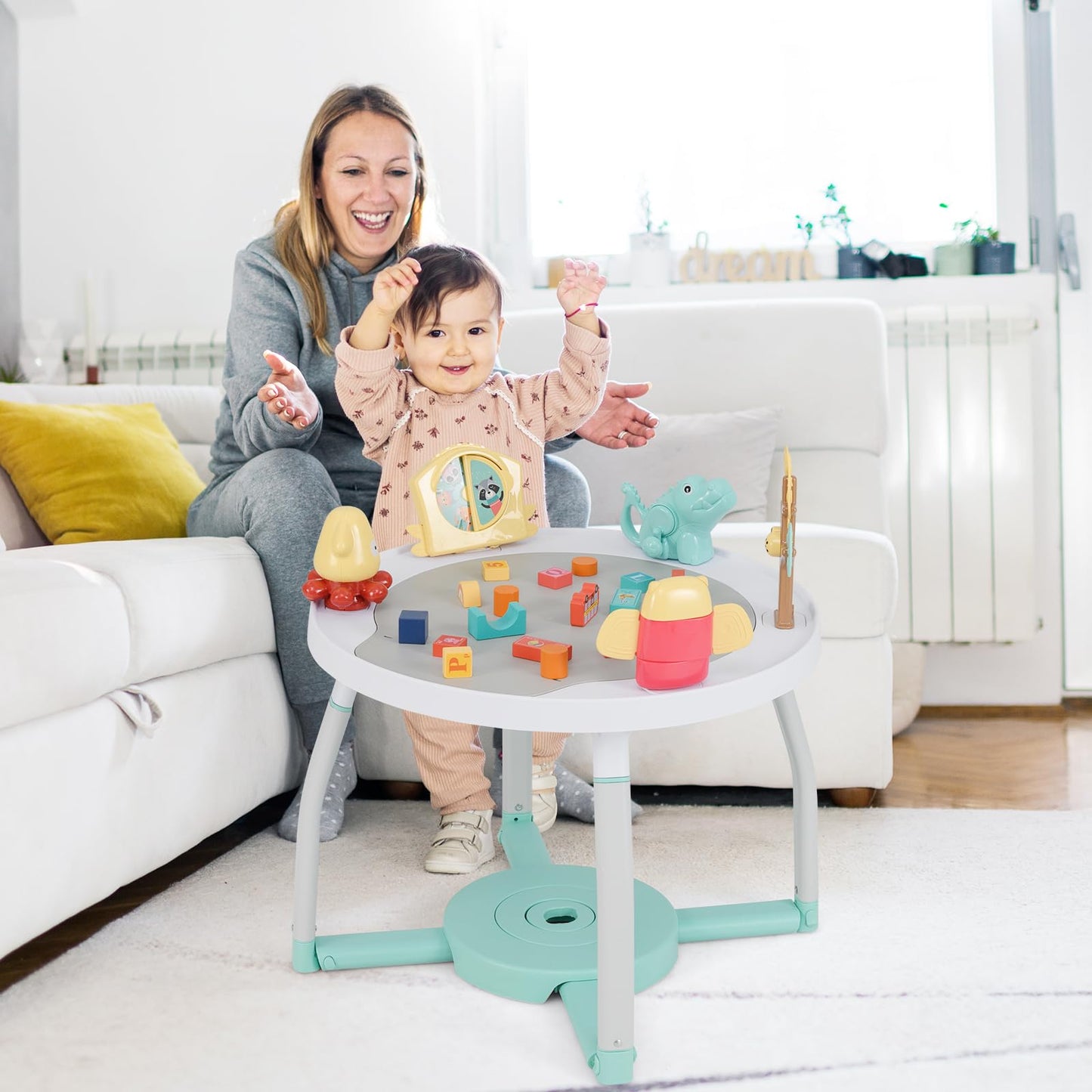 Honey Joy Baby Activity Center, 5 In 1 Infant Jumper & Standing Play Table W/ 360 Rotary Seat, 6 Toys, 3 Adjustable Heights, Lig