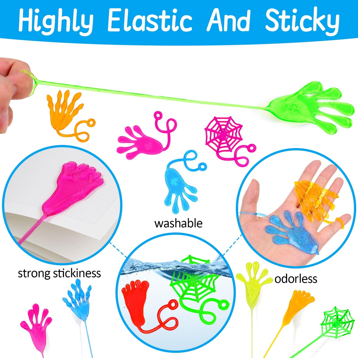 Alknot 50 Pack Sticky Hands Party Favors, 4 Types Goodie Bag Stuffers, Birthday Party Gift, Teacher Treasure Box Prizes, Classro