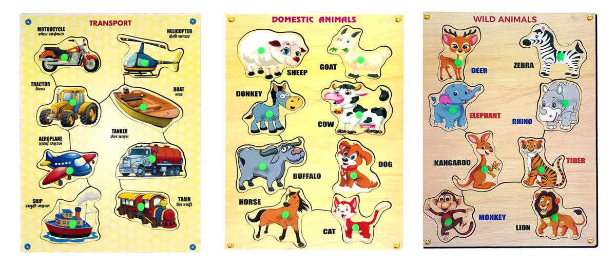 Crackles Wooden Knobs Pegged Puzzles Learn Farm Animals, Wild Animals and Vehicles Combo Pack of 3