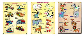 Crackles Wooden Knobs Pegged Puzzles Learn Farm Animals, Wild Animals and Vehicles Combo Pack of 3