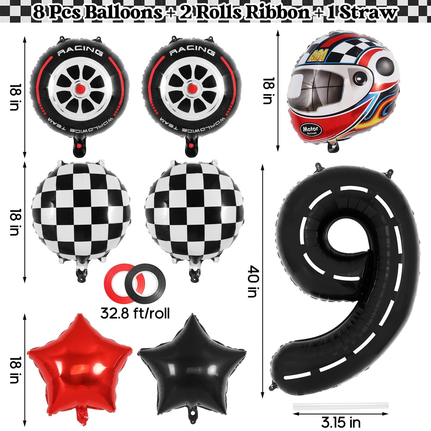 Race Car 9 Balloons, 40 Inch Racetrack Number 9 Balloon, Large Foil Mylar Racetrack Black 9 Balloon For 9 Year Old Birthday Race