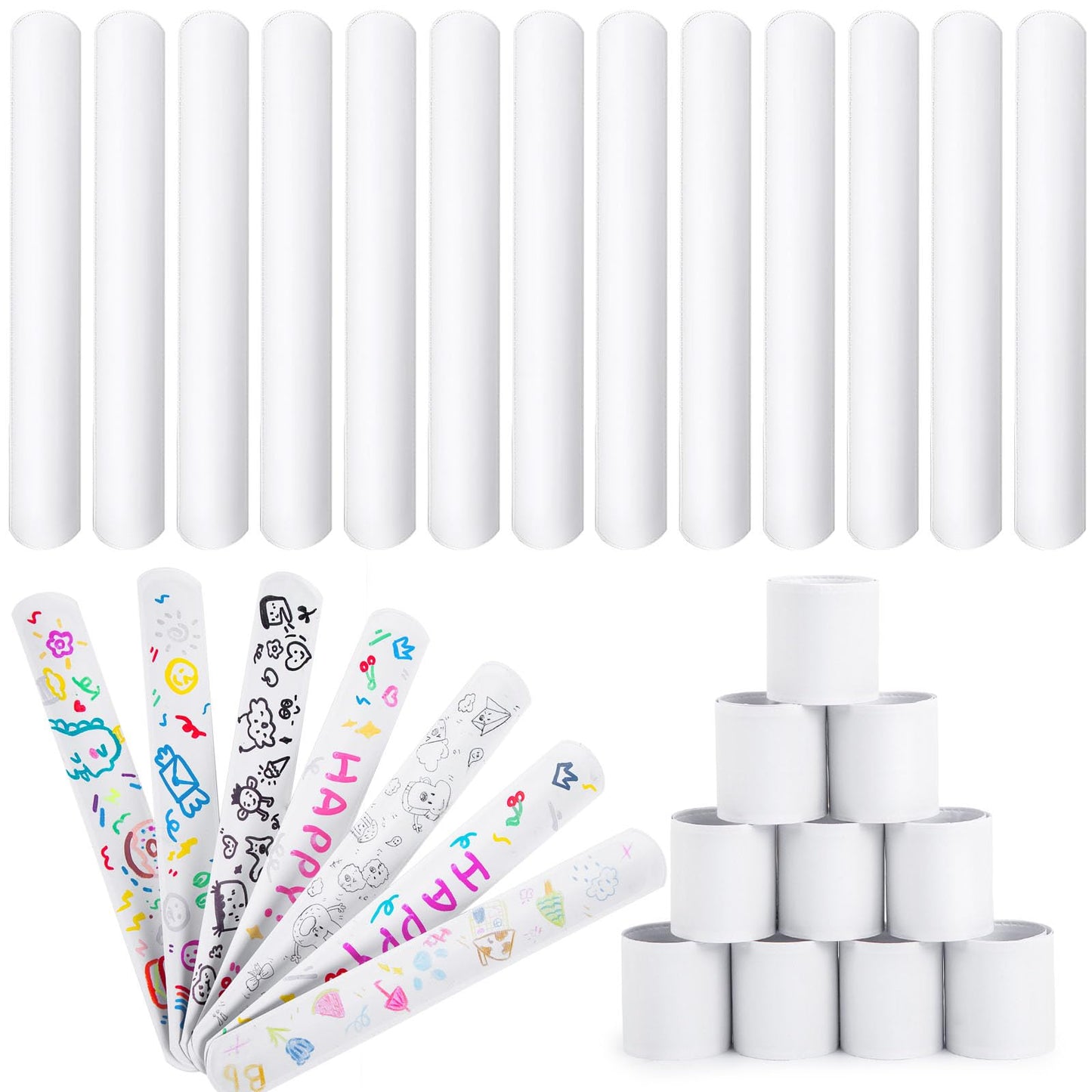 LovesTown 48PCS Slap Bracelets White, Party Slap Bracelets DIY Wrist Bands Bulk Blank Snap Band for Kids Birthday Party Favors S