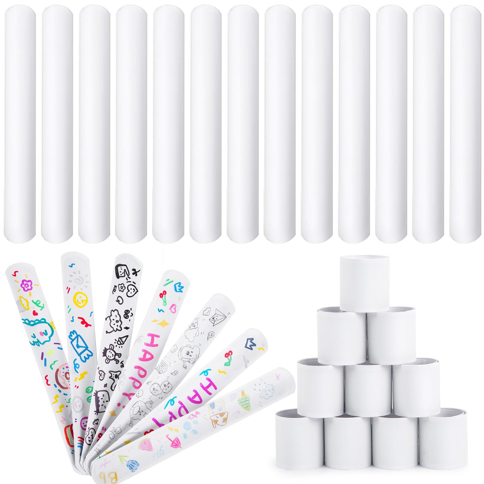 LovesTown 48PCS Slap Bracelets White, Party Slap Bracelets DIY Wrist Bands Bulk Blank Snap Band for Kids Birthday Party Favors S