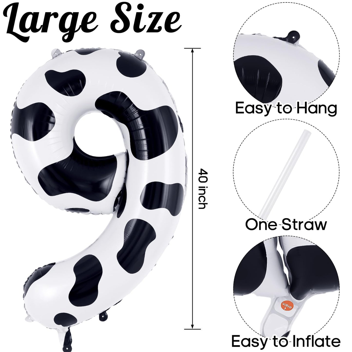 Cow Print Number 9 Balloon, Large 40 Inch Cow Number Birthday Balloons, Foil Mylar Number 9 Balloons For 9 Year Old Birthday Par