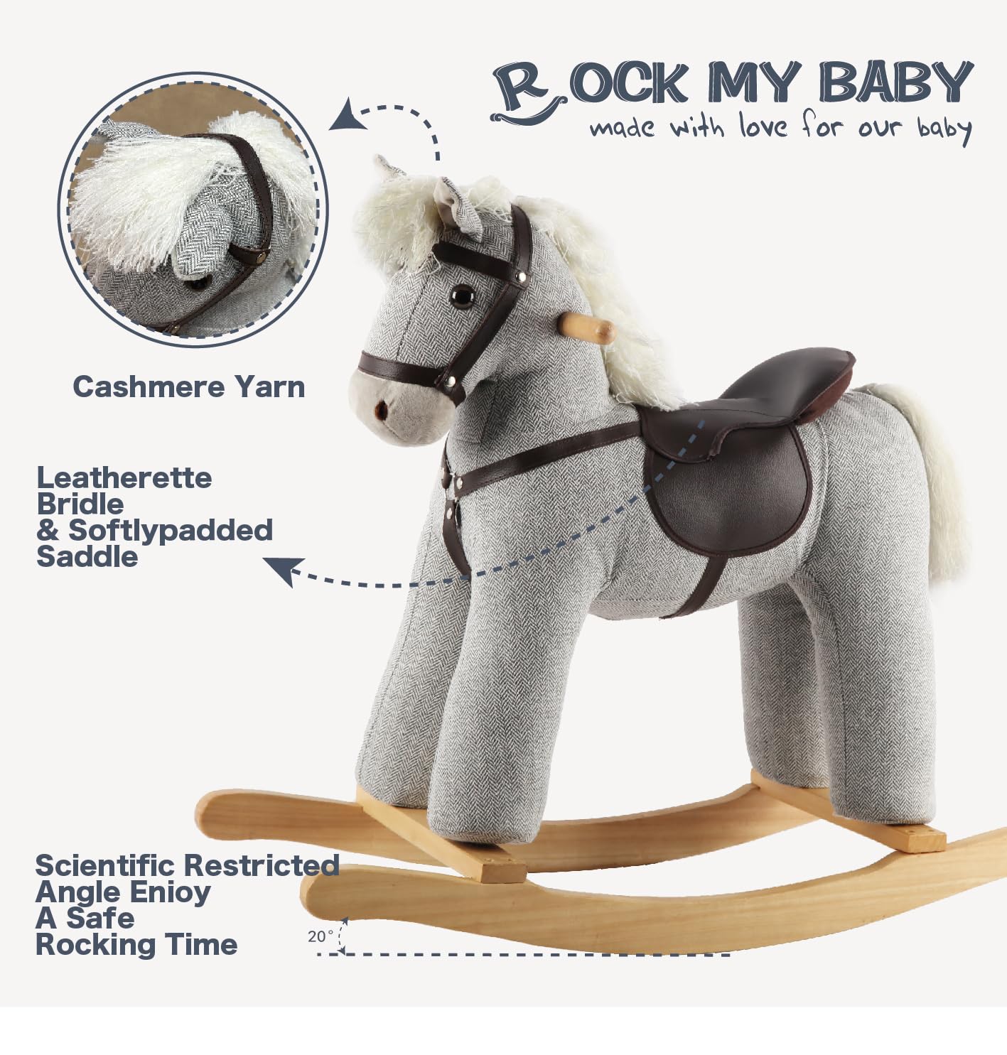 Rock My Baby Rocking Horse Gray, Ride On Pony With Realistic Sound, Wooden Rocking Toy, Rocking Animals, For Boy And Girl Age 2