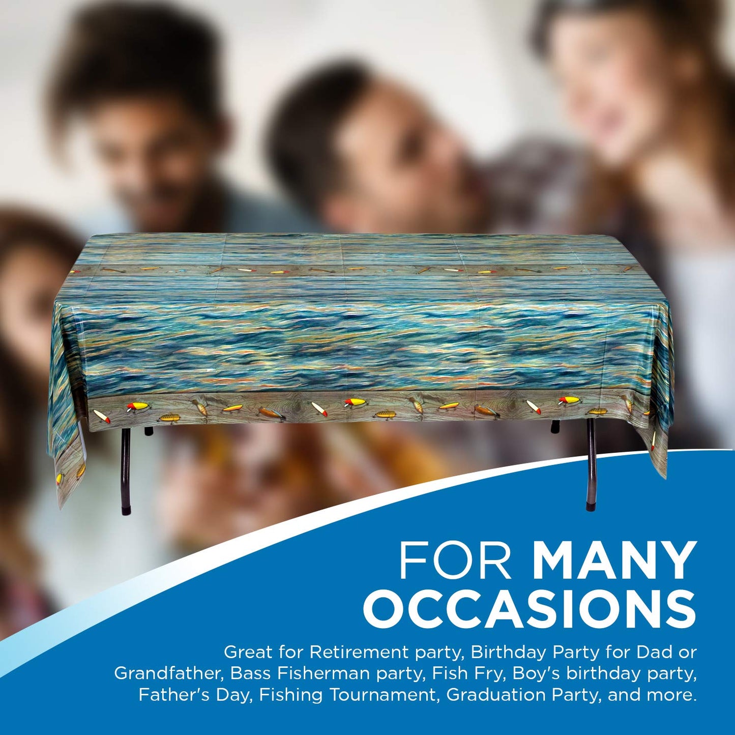 Havercamp Fishing Table Cover! (54x108) Rectangular Heavy Plastic Cover. Beautiful lakewater Background with Antique Lures. Gone