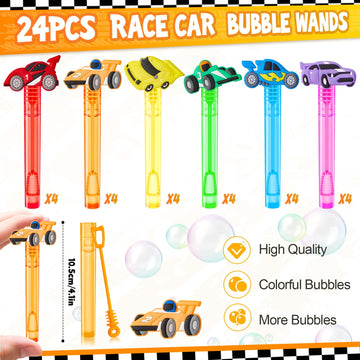 Winrayk Race Car Party Favors, 24Pcs Cars Themed Mini Bubble Wands for Kids Bubbles Bulk with Detachable Topper (6 Styles & Colo