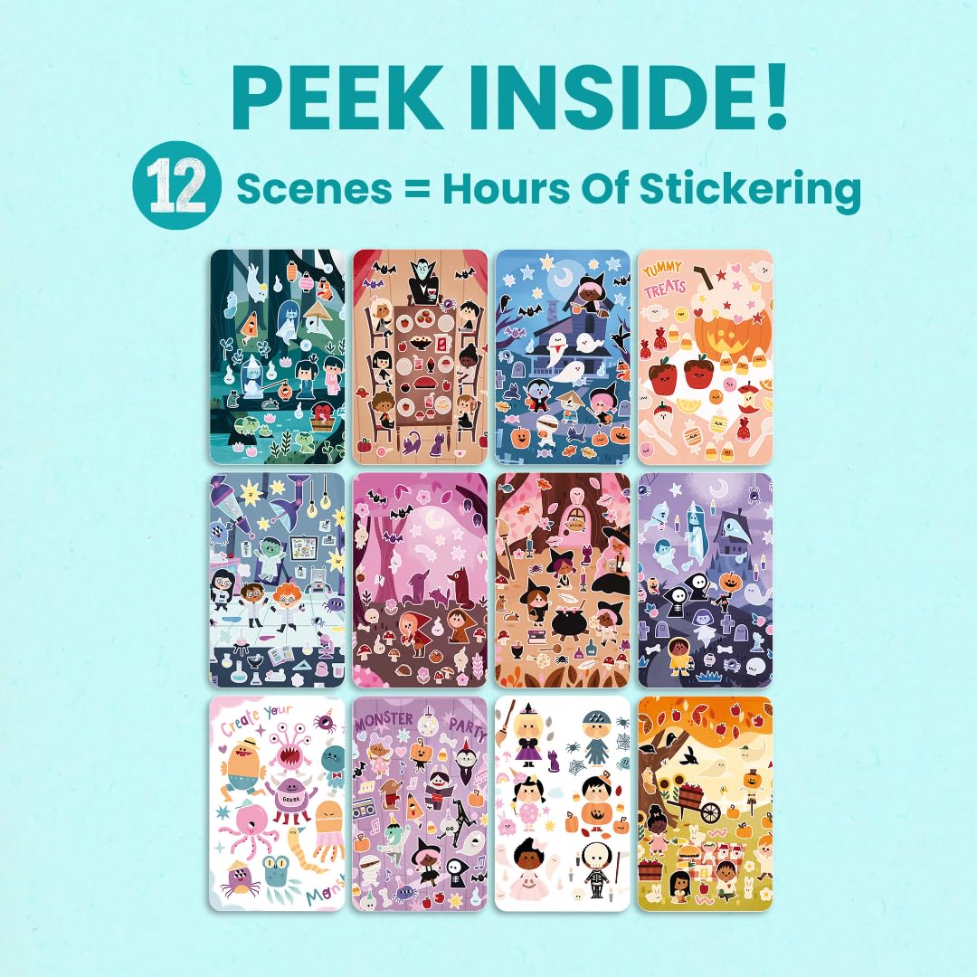 CUPKIN Halloween Sticker Books for Kids - 500+ Cute Stickers & 12 Scenes, Spooky Halloween Crafts for Ages 4-8