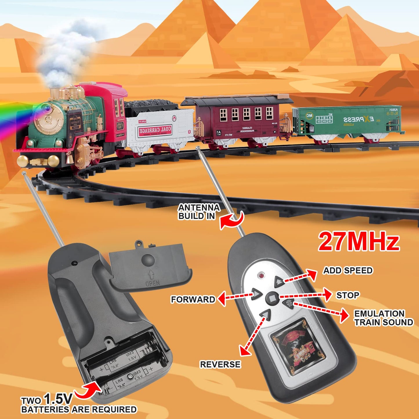 Train Set For Christmas Tree, Updated Chargeable Remote Control Electric Train Toy For Boys Girls W/Smokes, Lights & Sound, Rail