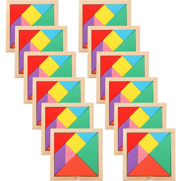 Meooeck Wooden Tangrams Puzzle, 12 Pieces - Portable, Educational Gifts For Kids Ages 4-8, Brain Logic Blocks For Manipulatives