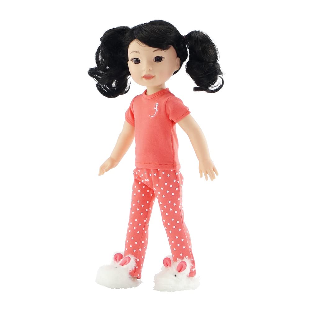 Emily Rose 14 Inch Doll Clothes & Accessories | 2 Pc 14 Fashion Doll Coral Pajamas Pjs Sleep Gift Set With Fluffy Bunny Slippers