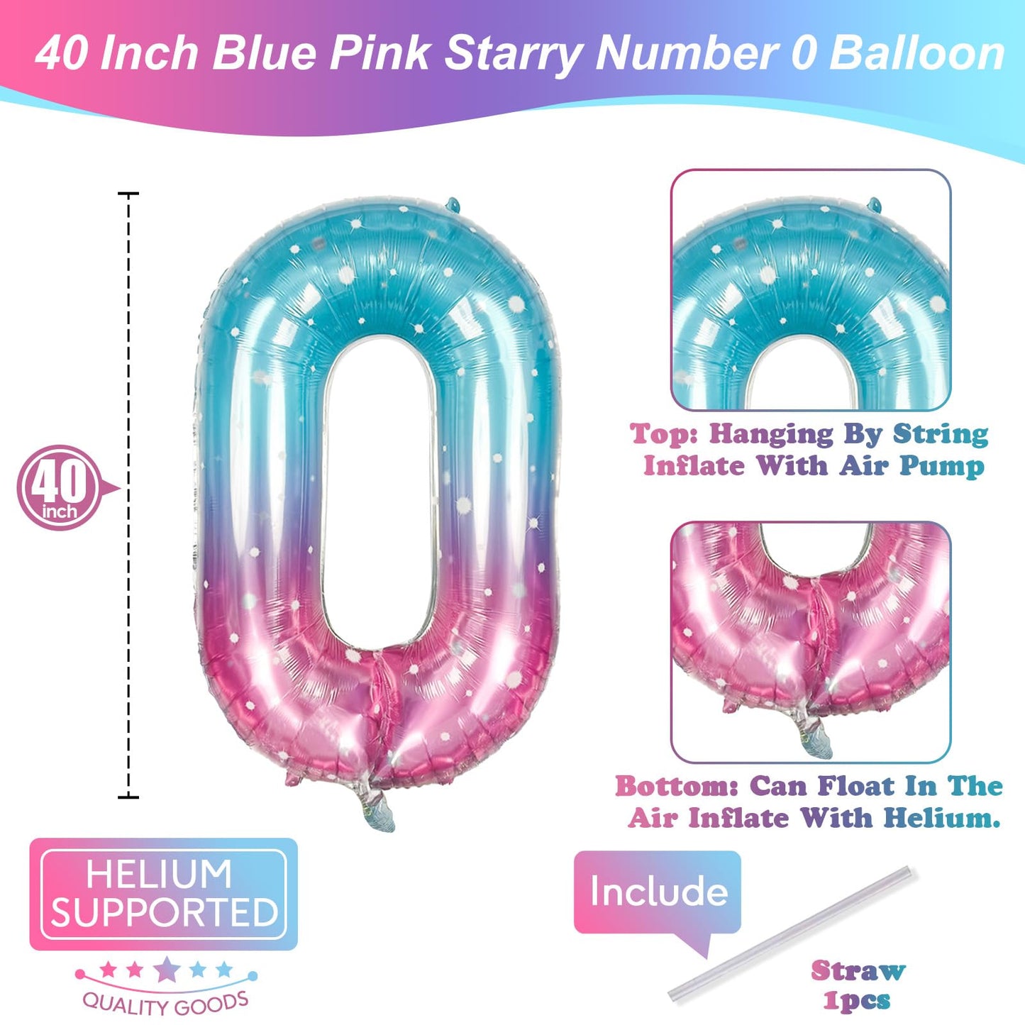 Mermaid Number 0 Balloons 40 Inch, Large Purple Teal Rainbow Number Balloons 0-9 Set, Starry 0 Mylar Foil Balloon Numbers For Gi