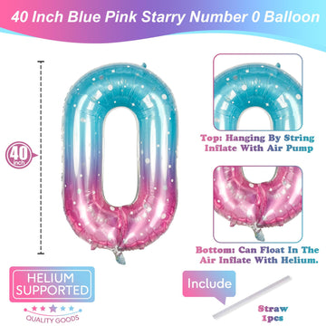 Mermaid Number 0 Balloons 40 Inch, Large Purple Teal Rainbow Number Balloons 0-9 Set, Starry 0 Mylar Foil Balloon Numbers For Gi