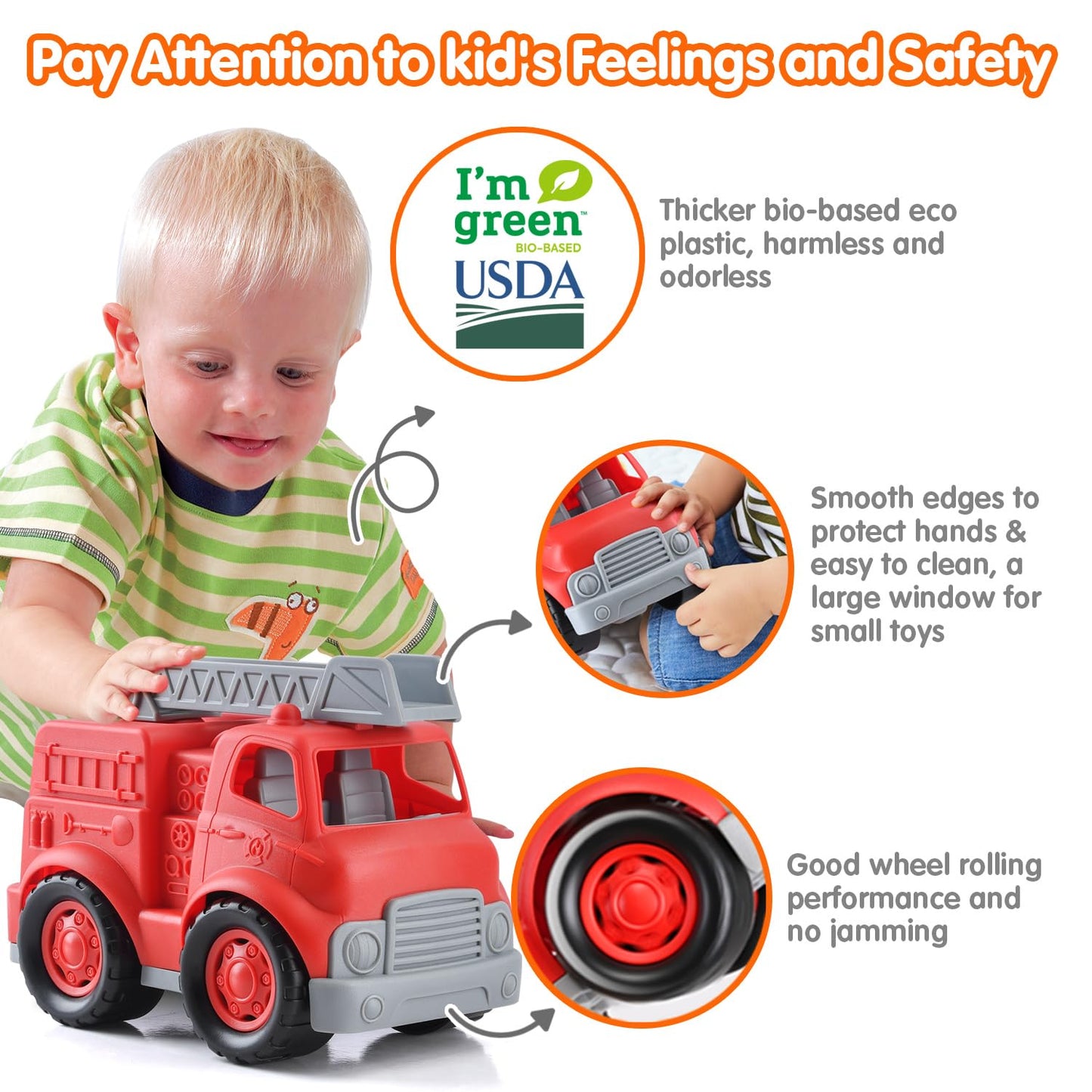 PLAY Eco-Friendly Fire Trucks, [USDA Certified] No BPA/Phthalate/PVC, Recycled Bioplastic Ladder Fire Engine Toy Gift for Boy Gi