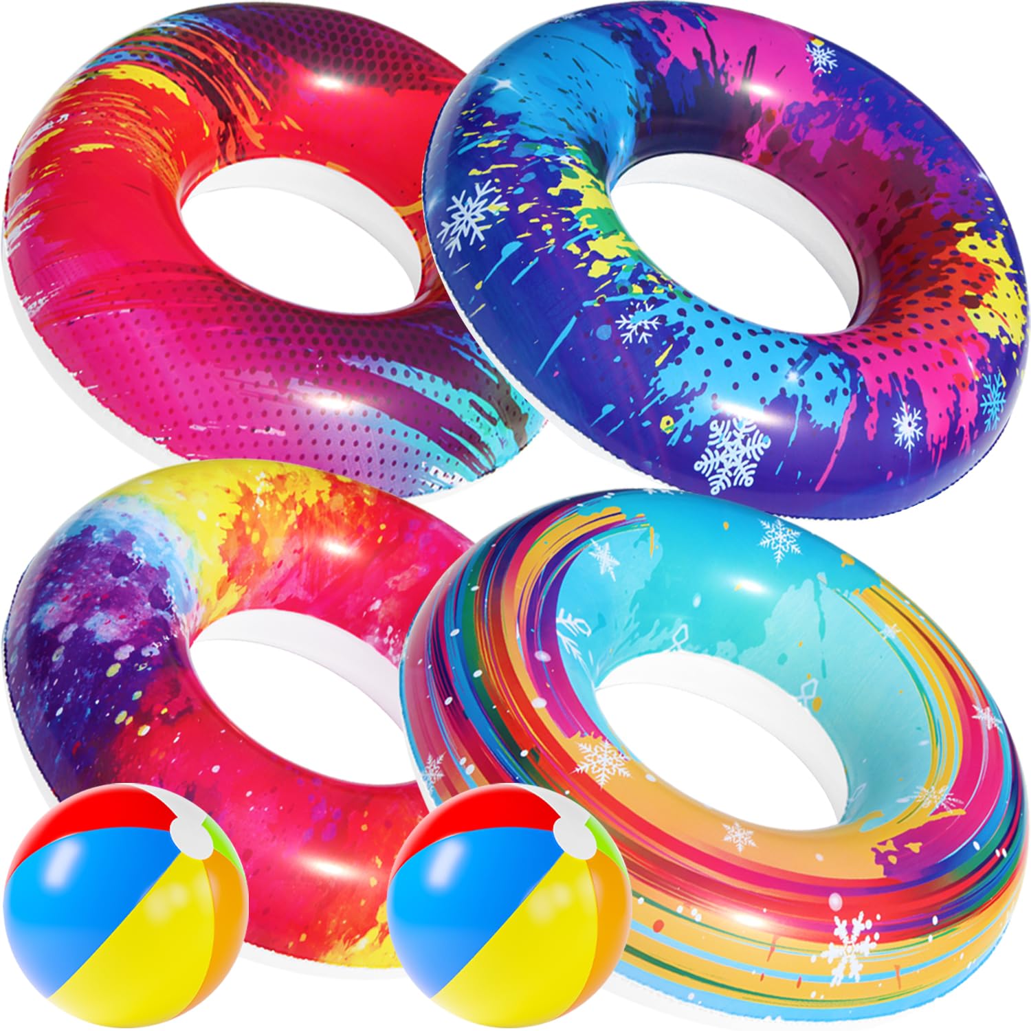 Parentswell 6Pcs Big Pool Floats Tubes: Inflatable Pool Floats Swimming Rings With Beach Balls - Brightly Colored Pool Floaties 