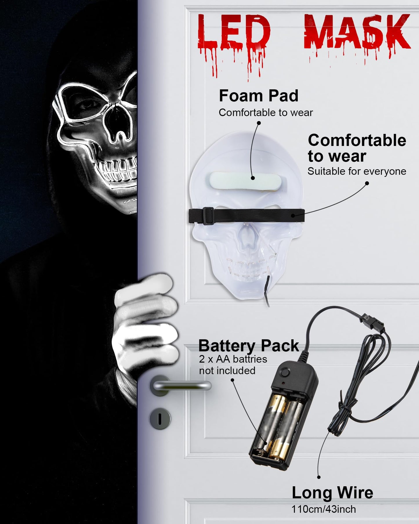 Sumind Halloween LED Mask Scary LED Skeleton Mask Purge Hacker Mask Glow in The Dark Mask for Halloween Costume Party(White)