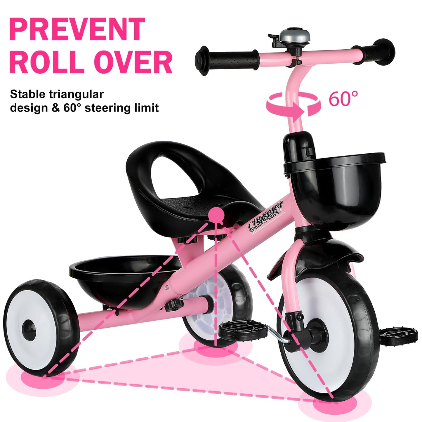 Liberry Toddler Tricycle for Girls 2 3 4 Years Old, Kids Trike with Bell, Front Back Basket and Removable Pedal, 3 Wheel Bike Ou