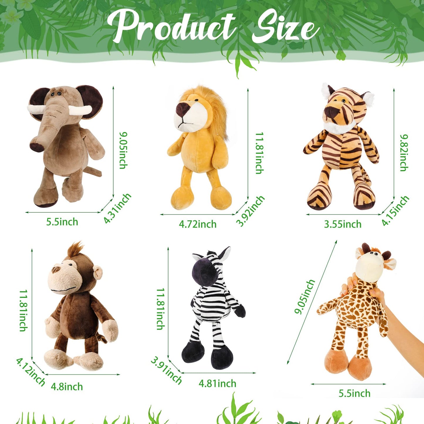 12 Pieces Safari Stuffed Animals 11.8 Inch Jungle Animal Toys Set Boys Girls Plush Forest Animals Lion Elephant Zebra Giraffe Ti