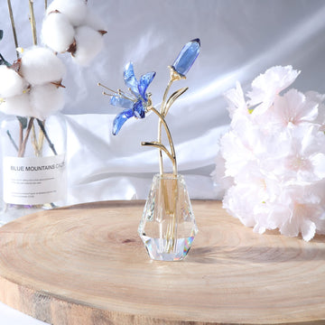 Movdyka Crystal Lily Flower Figurine With Stems, Handmade Collectible Statue For Decoration Mothers Day, Centerpiece, Valentines Day, Bridal Shower Gift Blue