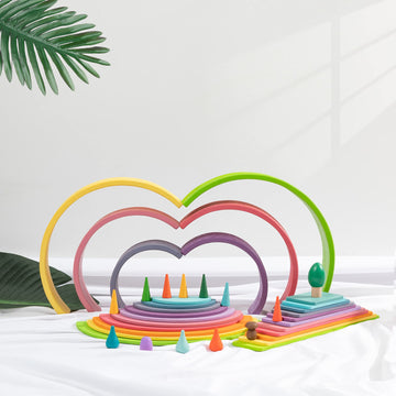 Merryheart Wooden Rainbow Stacker Set - Rainbow Stacking Toy Set With Rainbow Stacker, Semicircle, Building Board - Waldorf Wooden Open Ended Stacking Toys - Great For As Gift (Pastel Rainbow-3 Pack)