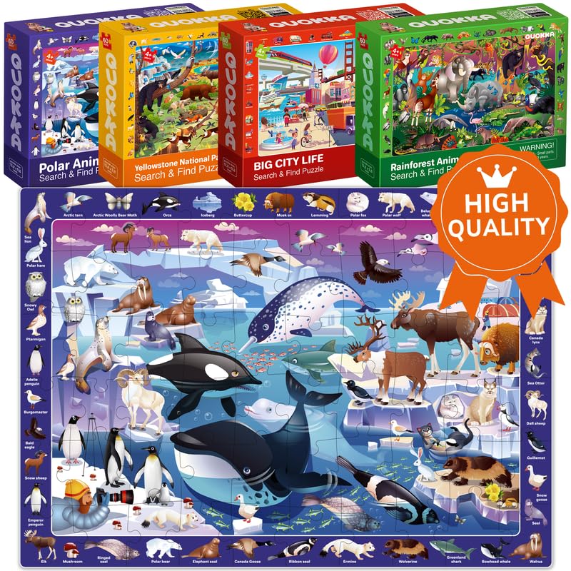 Puzzles For Kids Ages 4-6 - 4 X 60 Puzzles For Toddlers 3-5 By Quokka - Educational Search & Find Toy For 6-8-10 Yo For Learning Forest Polar, Usa National Park Animals & City Life