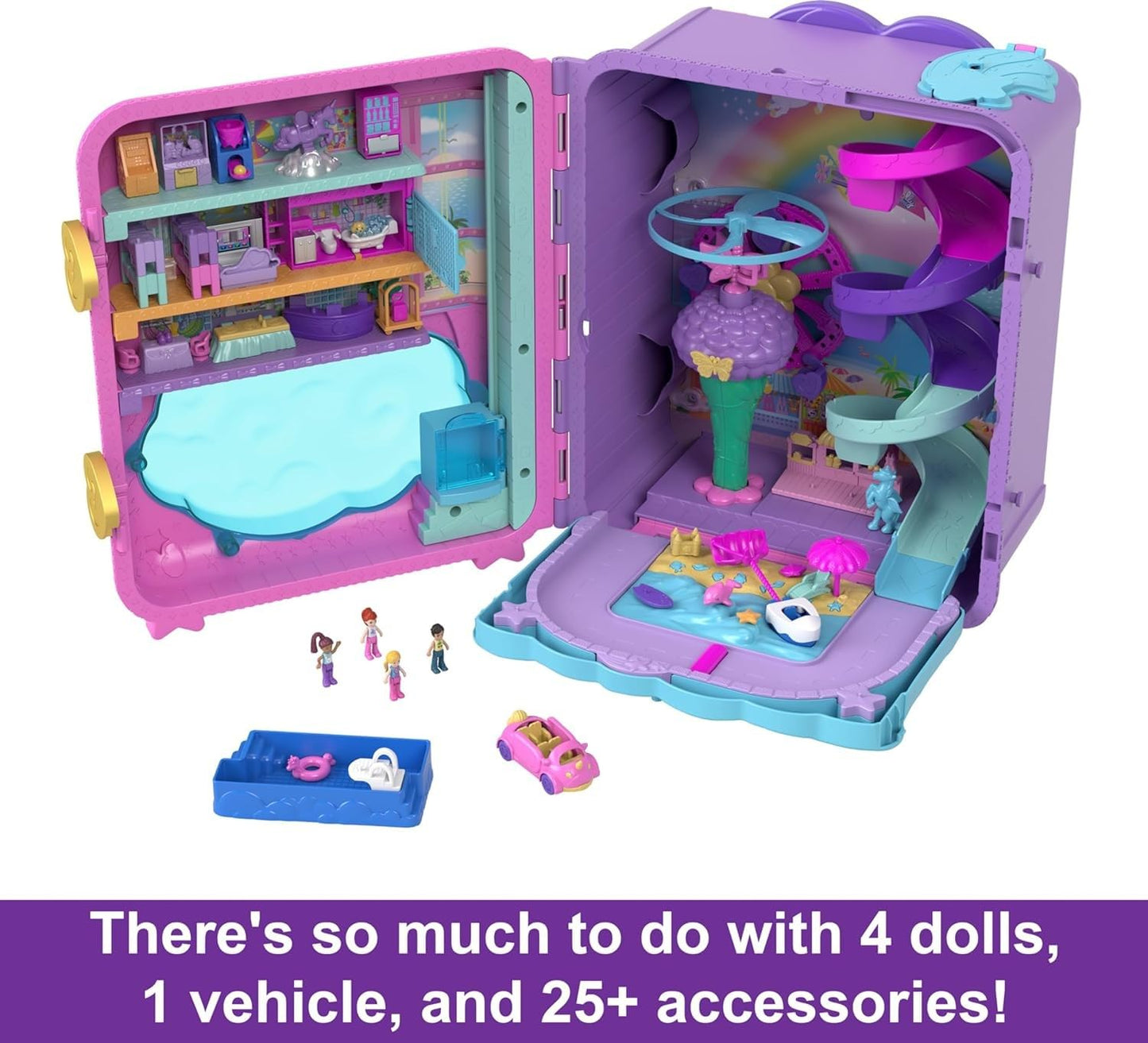Polly Pocket Pollyville Playset - Resort Rollaway Suitcase with 4 Dolls, Car, 25+ Accessories, Multicolor, Medium Size, Model HKV43