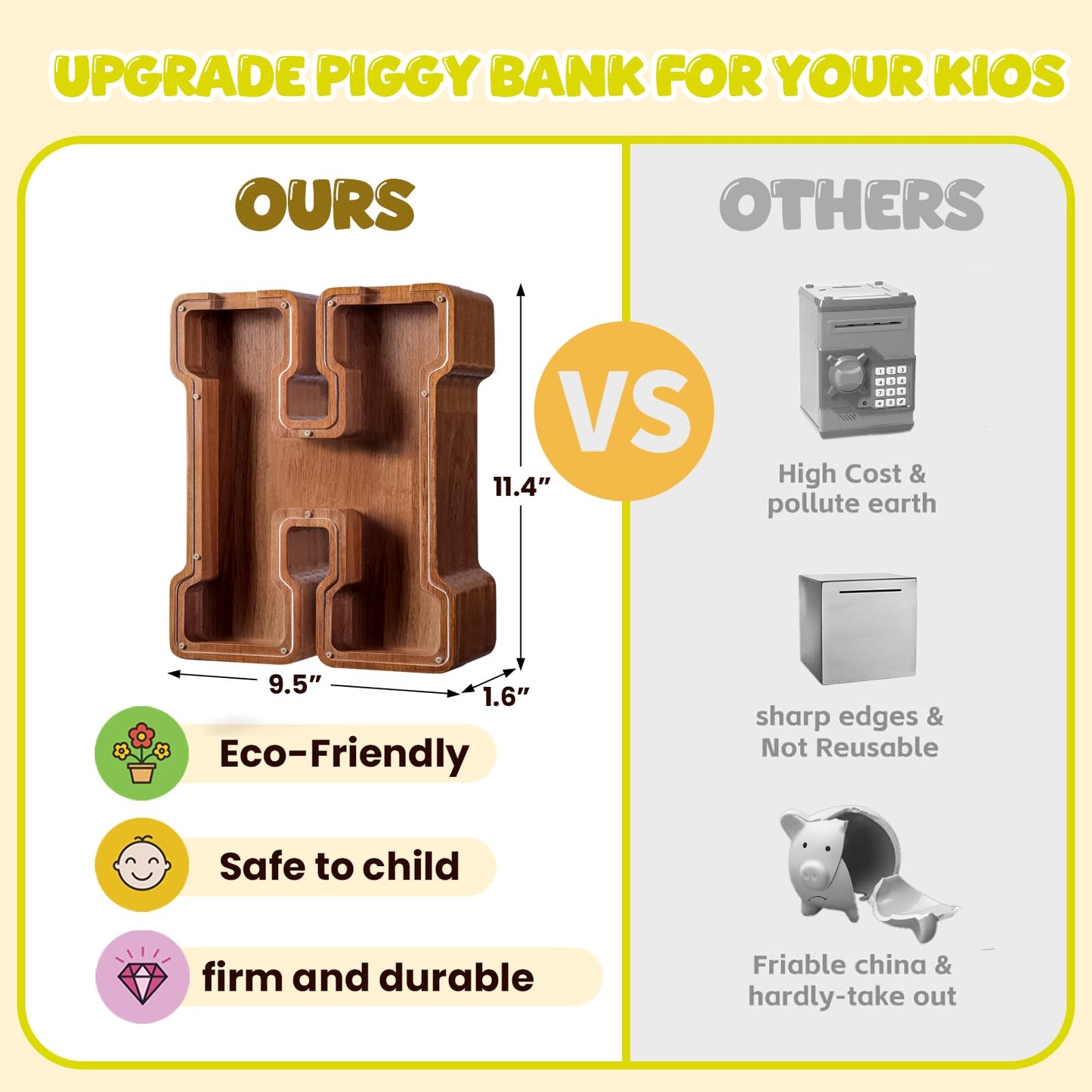 ELX Extra Large 12'' Wooden Piggy Bank for Kids, Personalized Letter Piggy Bank, Safe & Durable Savings Box for Toddlers, Gift f