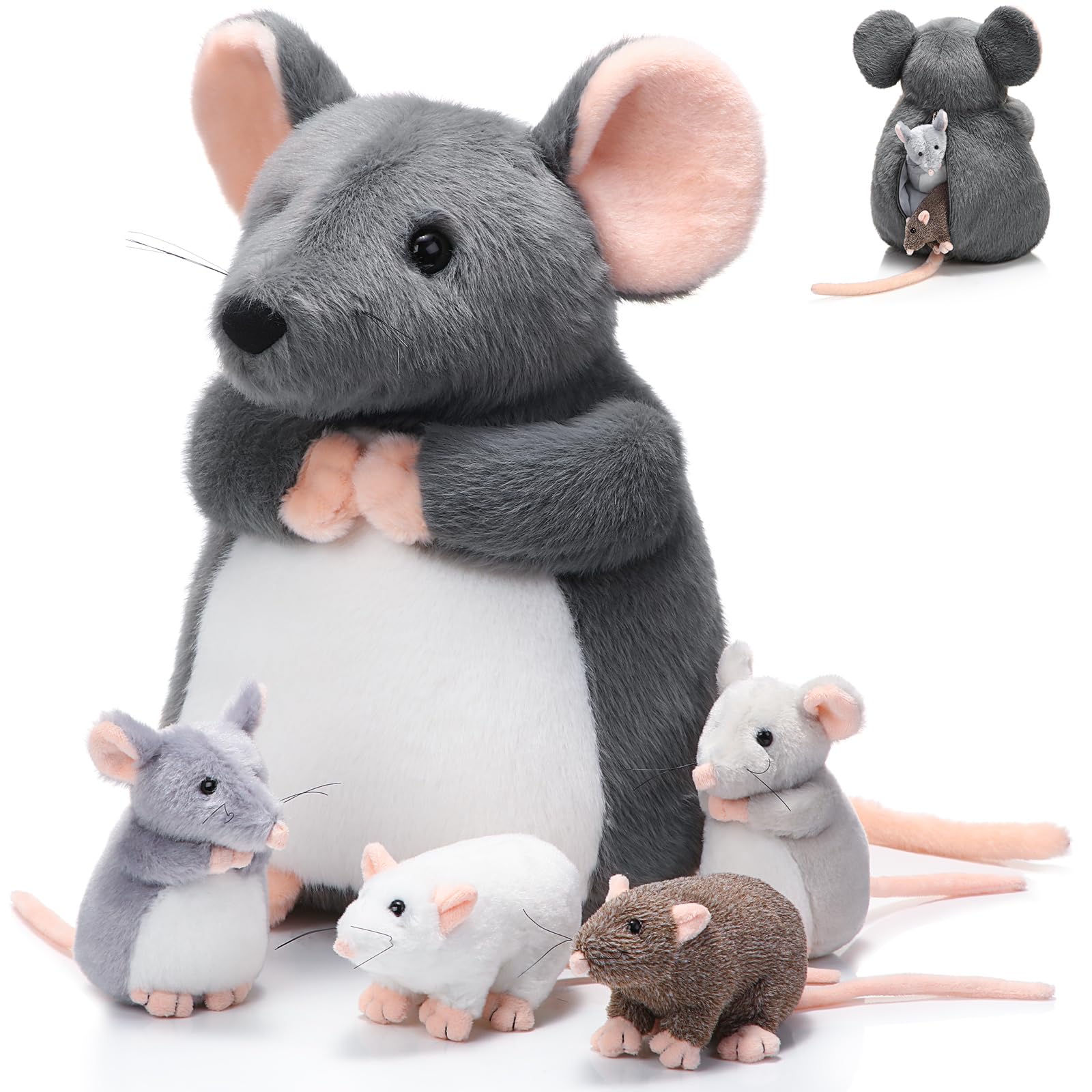 Arrowbash 5 Pcs Mouse Stuffed Animals Set 14'' Large Mommy Rat Plush With 4 Small Mouse Babies In Her Zippered Tummy Stuffed Rat