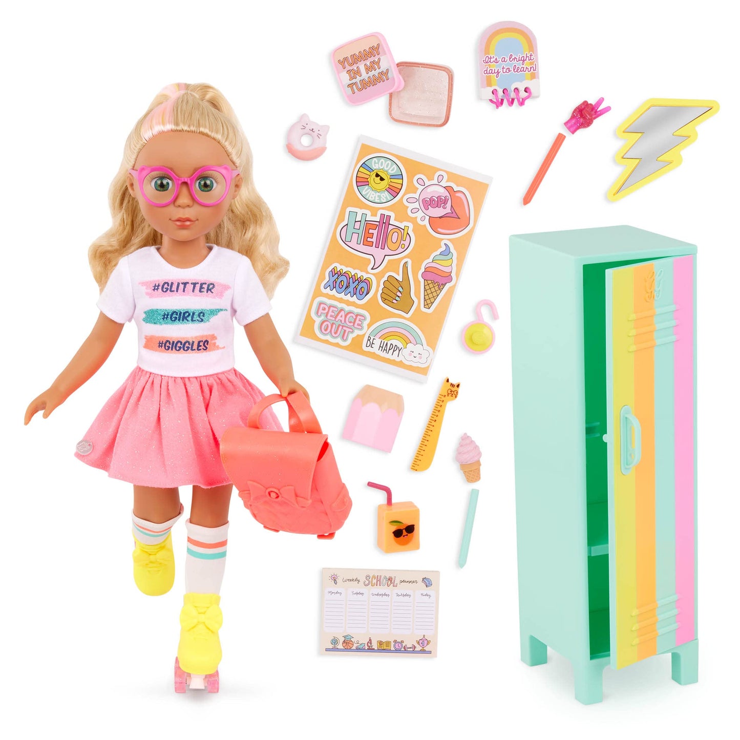Glitter Girls - 14-Inch Poseable Doll Set - Blonde Hair & Green Eyes - School Locker, Roller Skates & Accessories - Toys for Kid